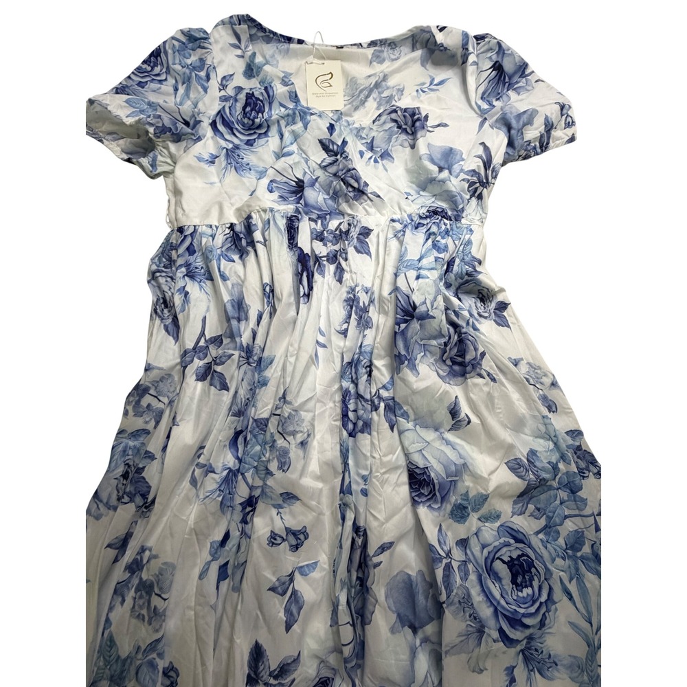 Flycurvy Blue Floral Maxi Dress Short Sleeve Wrap V-Neck White XL NWT